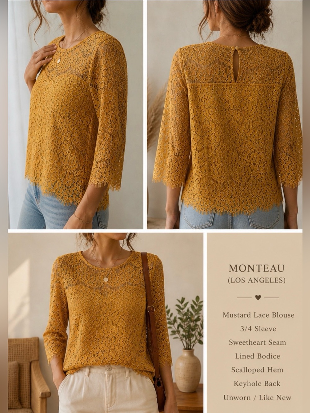 Monteau Mustard Lace Top with Scalloped Edge